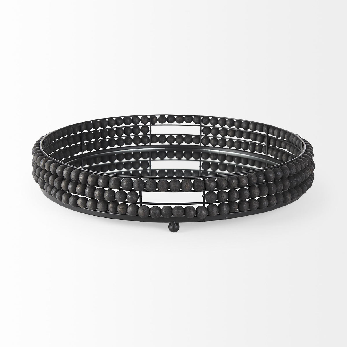 Mercana Decatur II 21L x 21W Black Wooden Bead Mirrored Bottom Round Tray