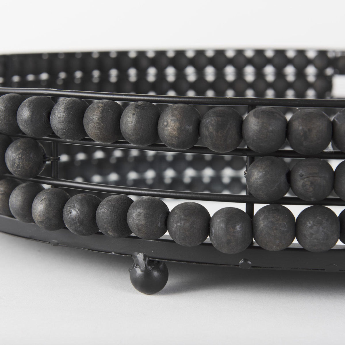 Mercana Decatur II 21L x 21W Black Wooden Bead Mirrored Bottom Round Tray