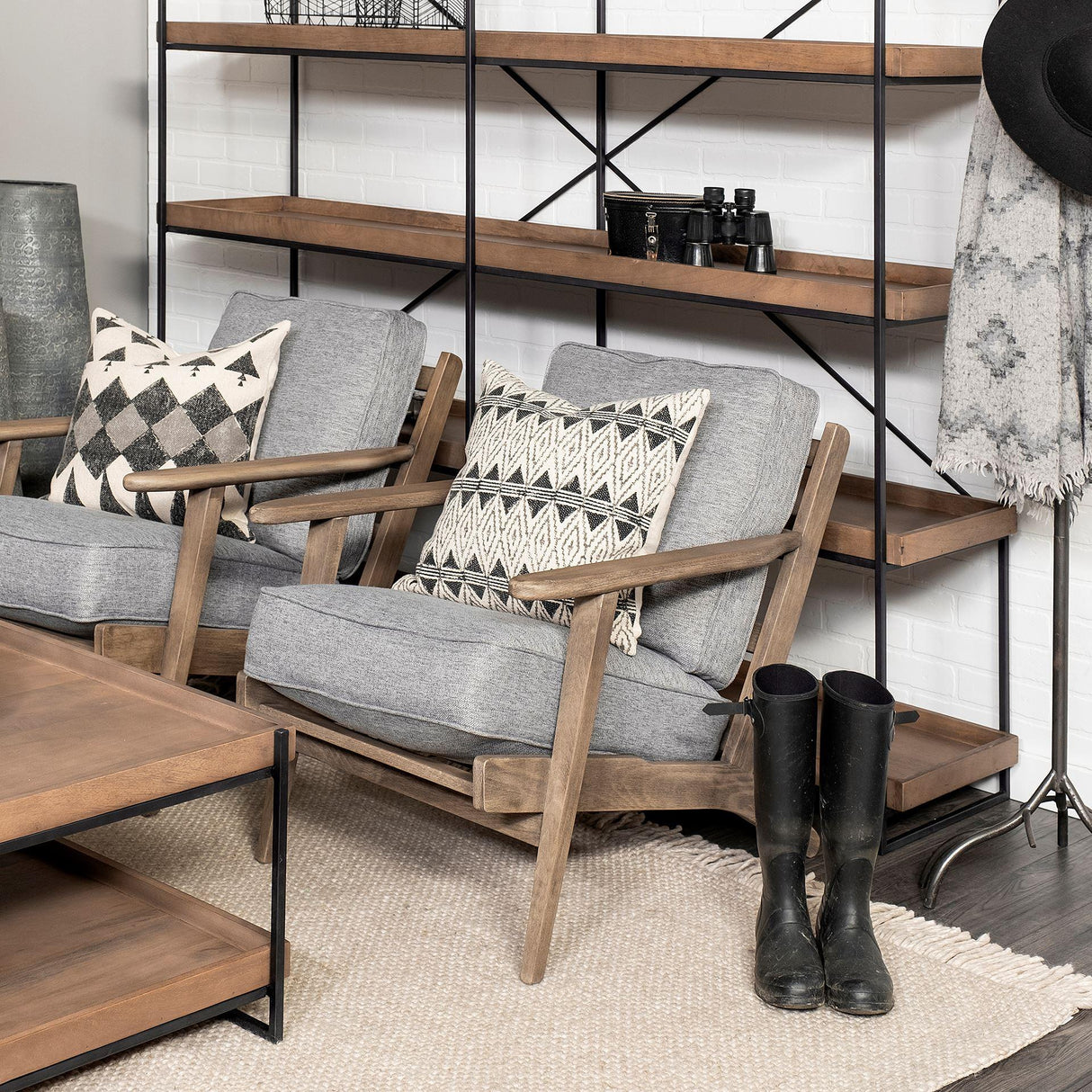Mercana Olympus V Castlerock Grey Fabric Wrapped Brown Wooden Frame Accent Chair