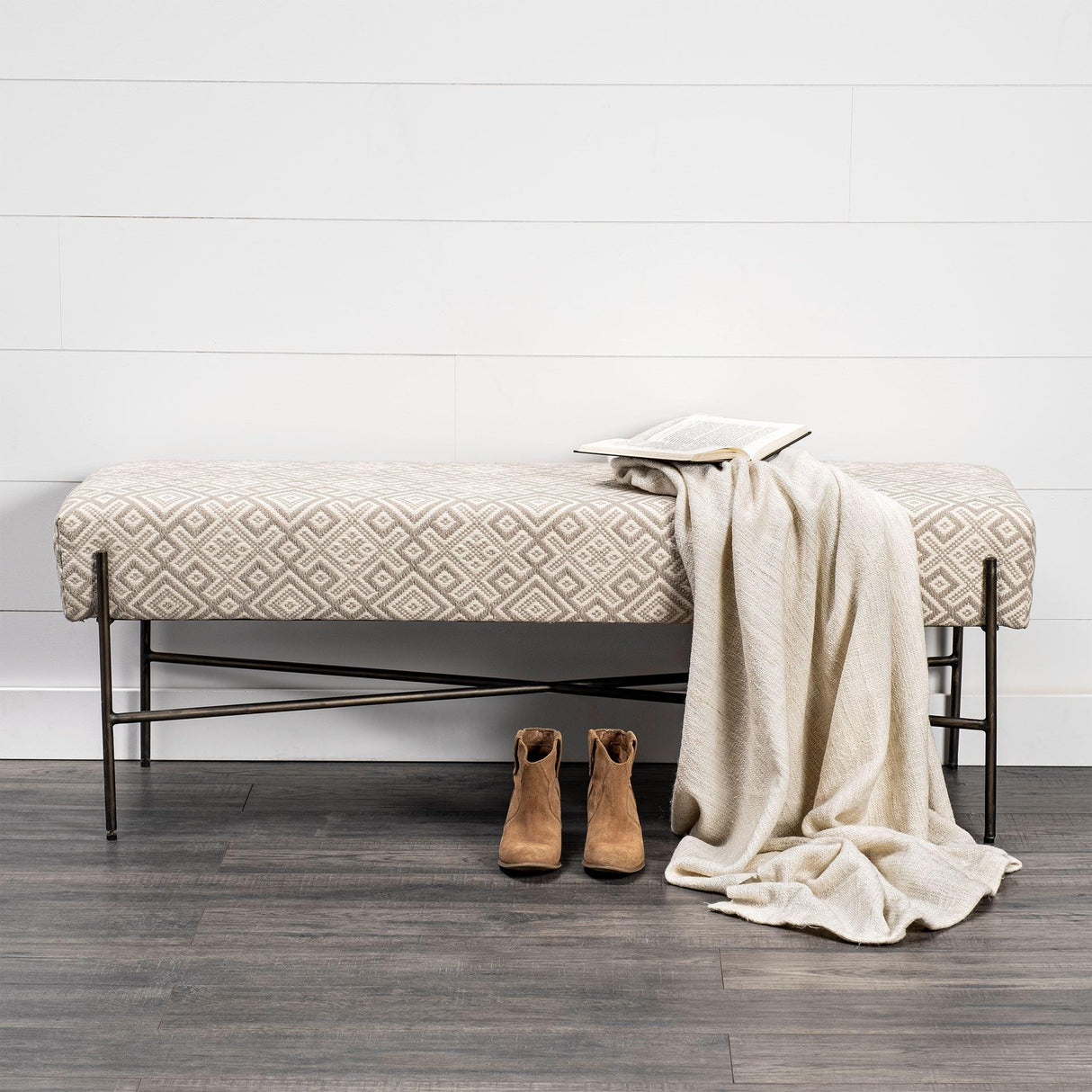 Mercana Avery II 55L x 17W Off White Upholstered Seat With Metal Base Accent Bench