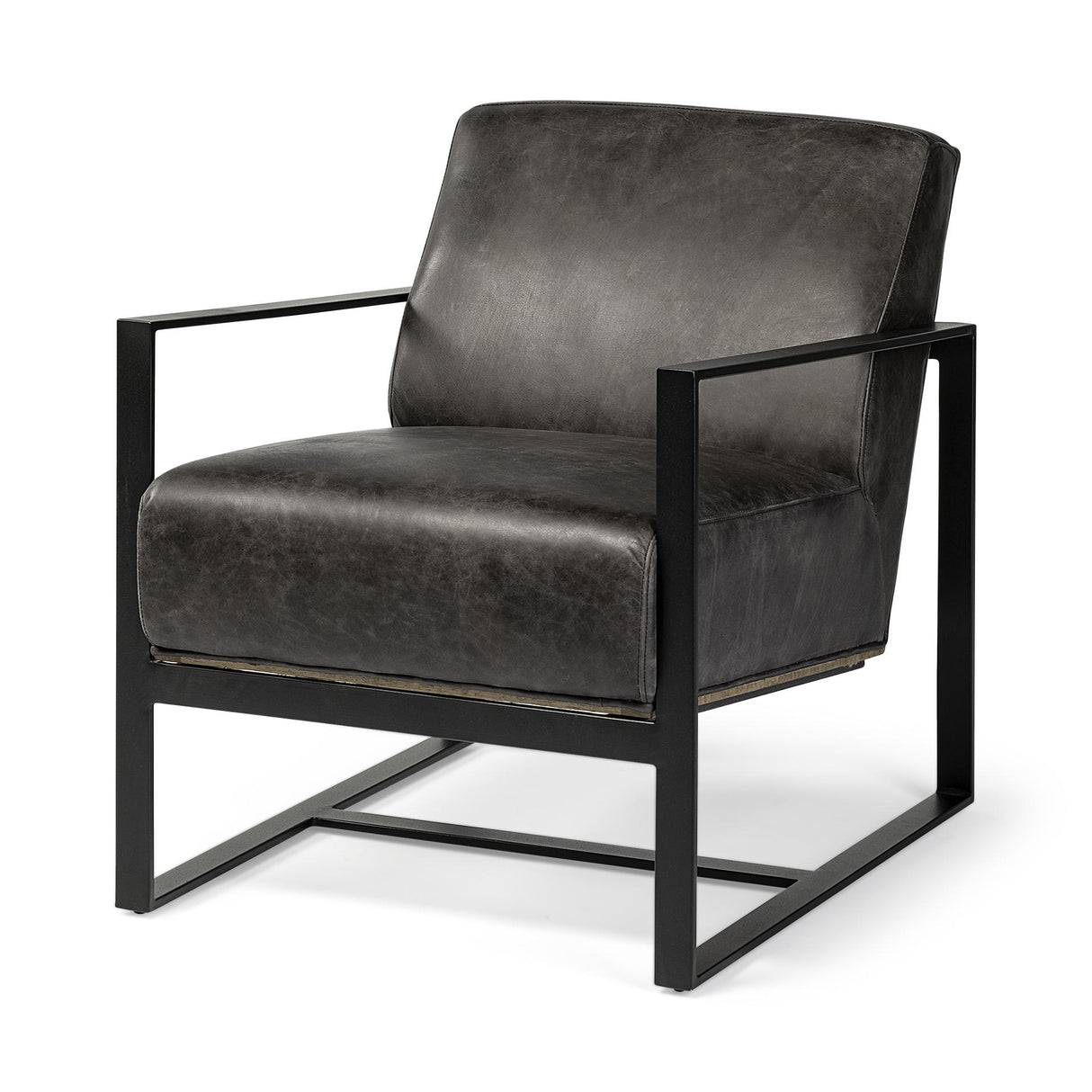 Mercana Stamford Black Genuine Leather Seat w/ Wood Back, Metal Frame Accent Chair