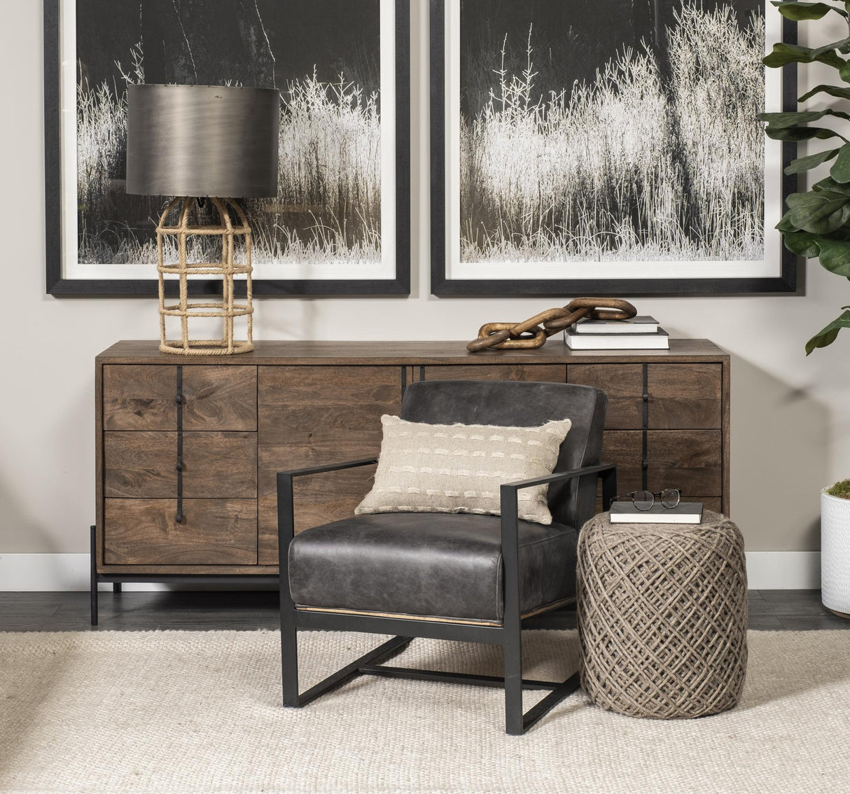Mercana Stamford Black Genuine Leather Seat w/ Wood Back, Metal Frame Accent Chair