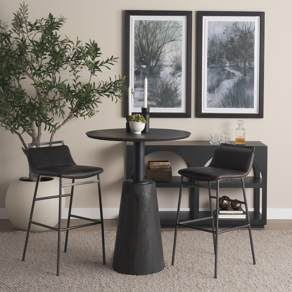 Mercana Kavalan 37.5" Total Height Ebony Leather Seat Black Metal Frame Bar Stool