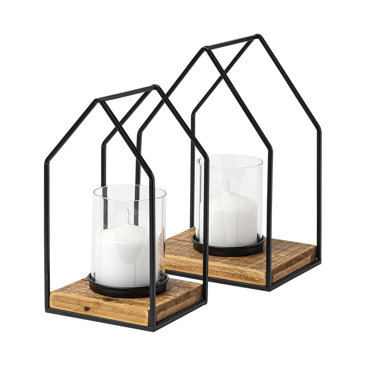 Mercana Leopold Set of Two Black Metal Wooden Base Table Candle Holders
