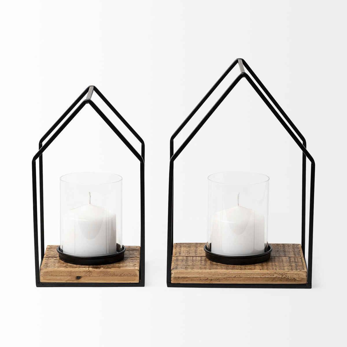 Mercana Leopold Set of Two Black Metal Wooden Base Table Candle Holders