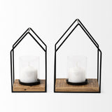 Mercana Leopold Set of Two Black Metal Wooden Base Table Candle Holders