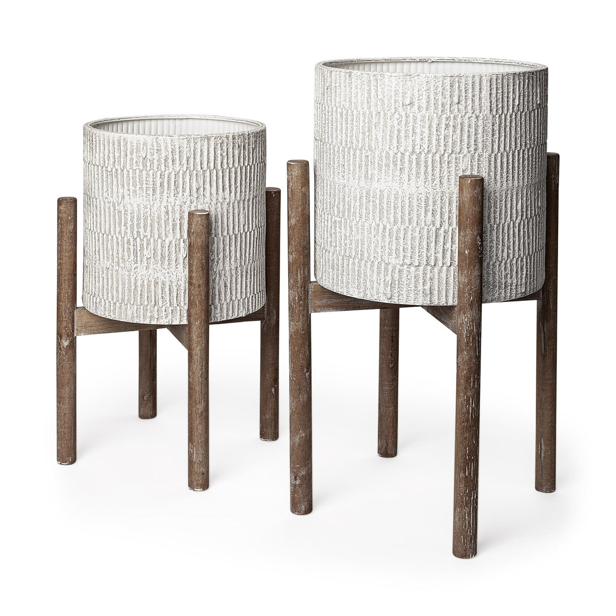 Mercana Groot Set of Two 11.8 x 23 Eggshell Ceramic Wooden Base Plant Stands