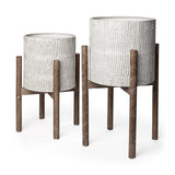 Mercana Groot Set of Two 11.8 x 23 Eggshell Ceramic Wooden Base Plant Stands