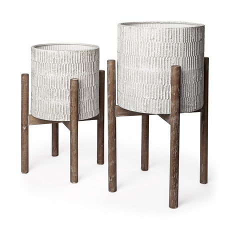 Mercana Groot Set of Two 11.8 x 23 Eggshell Ceramic Wooden Base Plant Stands