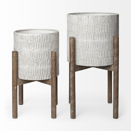 Mercana Groot Set of Two 11.8 x 23 Eggshell Ceramic Wooden Base Plant Stands