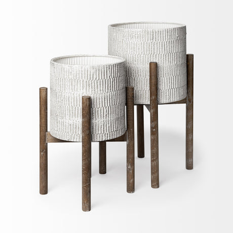 Mercana Groot Set of Two 11.8 x 23 Eggshell Ceramic Wooden Base Plant Stands