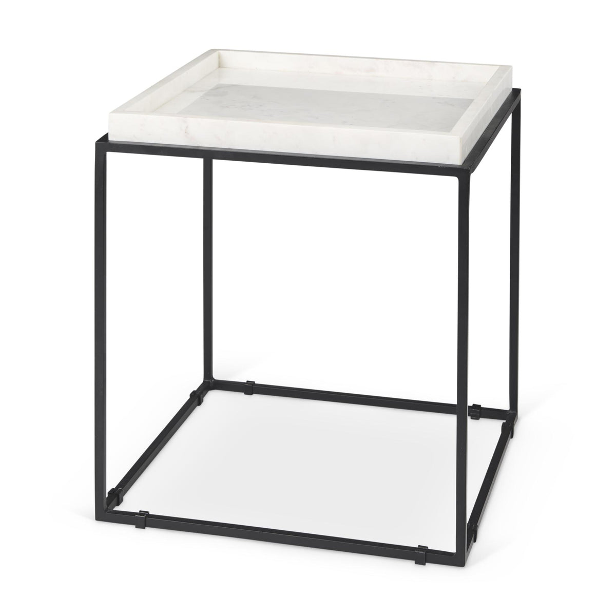 Mercana Nathan II 18" x 20" Square Top White Marble and Black Metal End/Side Table