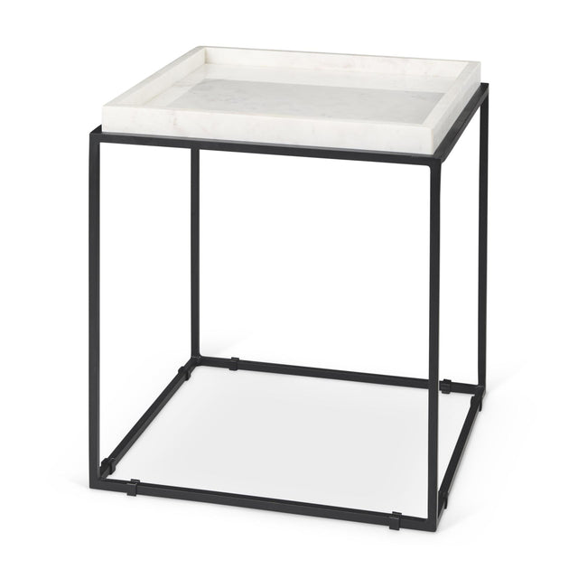 Mercana Nathan II 18" x 20" Square Top White Marble and Black Metal End/Side Table