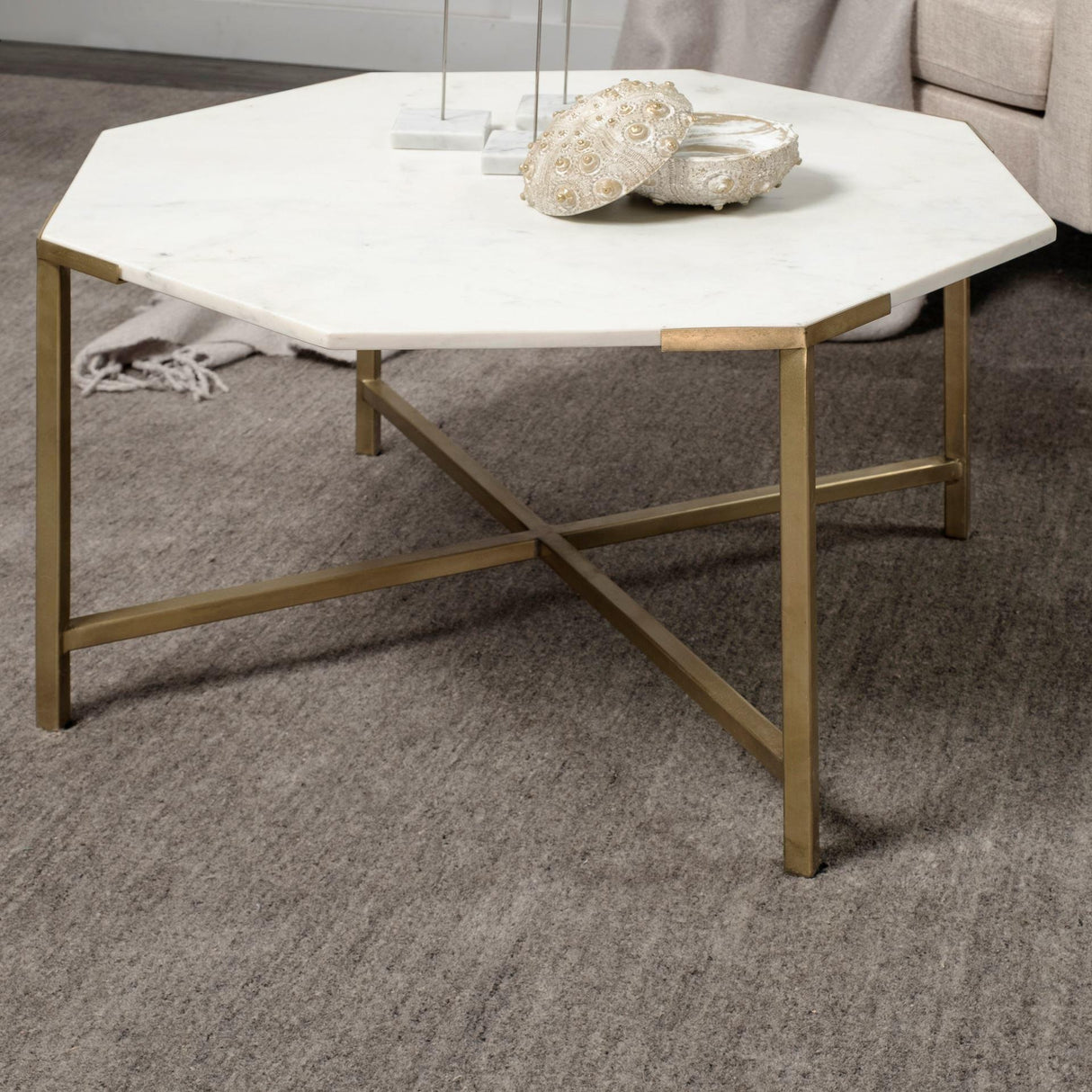 Mercana Vincent 33" Octagonal White Marble Tabletop w/ Gold Metal Base Coffee Table