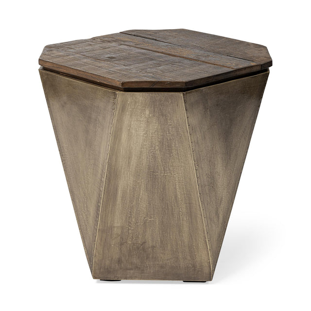Mercana Esagono Octagonal Gold Metal-Clad Reclaimed Wood End/Side Table w/ Storage