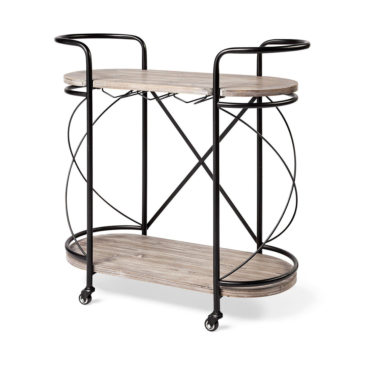 Mercana Marlon Black Metal Frame Two Tier Shelves w/Stemware holder Bar Cart