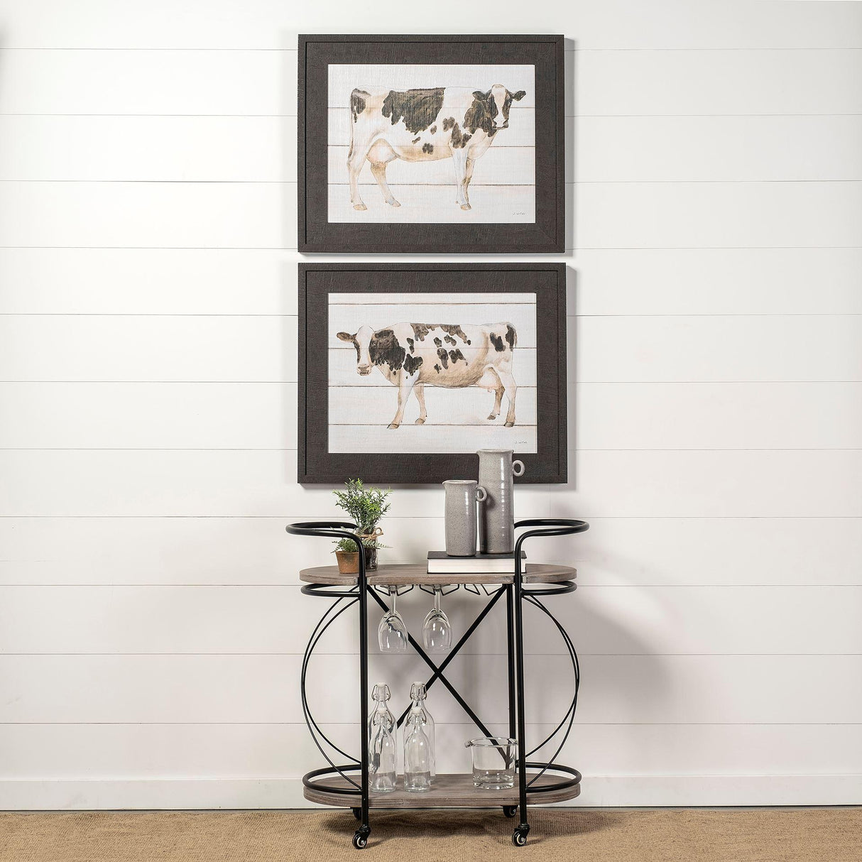Mercana Marlon Black Metal Frame Two Tier Shelves w/Stemware holder Bar Cart