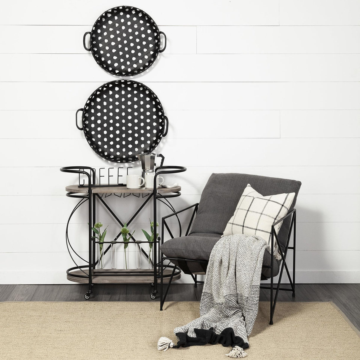 Mercana Marlon Black Metal Frame Two Tier Shelves w/Stemware holder Bar Cart