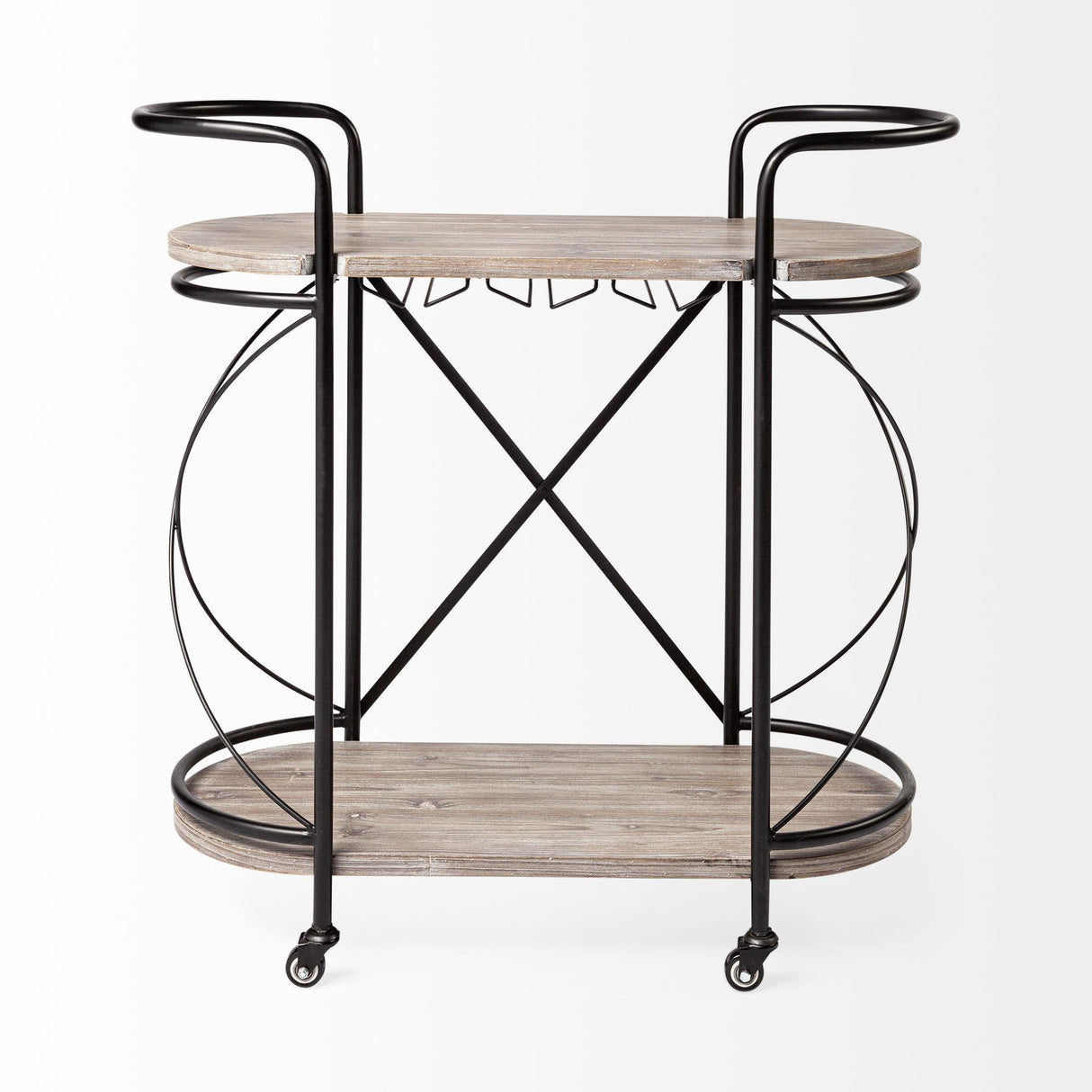 Mercana Marlon Black Metal Frame Two Tier Shelves w/Stemware holder Bar Cart