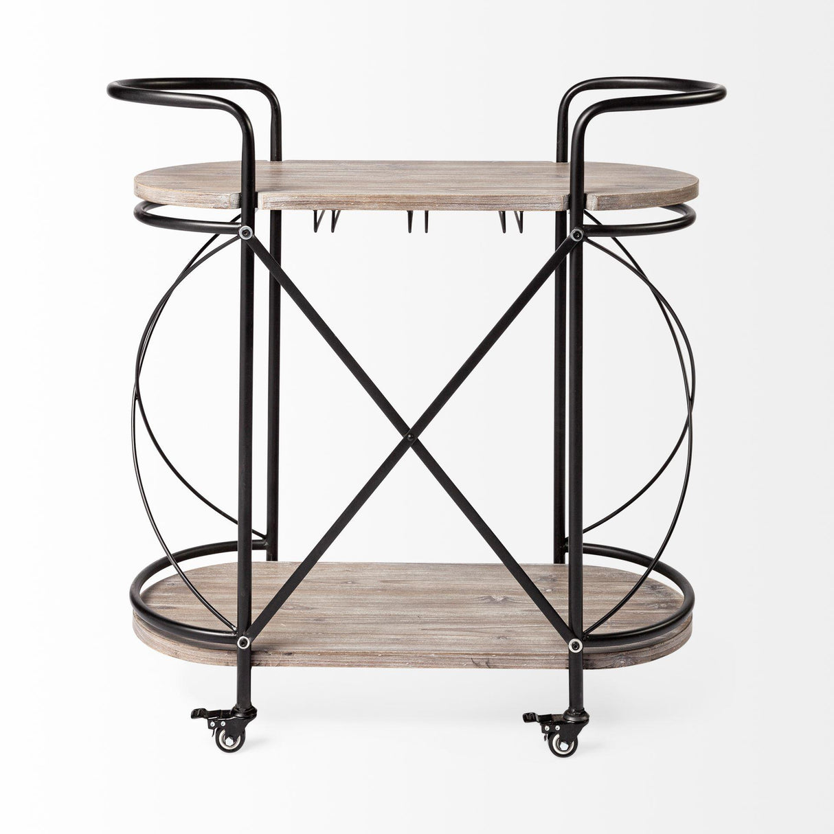 Mercana Marlon Black Metal Frame Two Tier Shelves w/Stemware holder Bar Cart