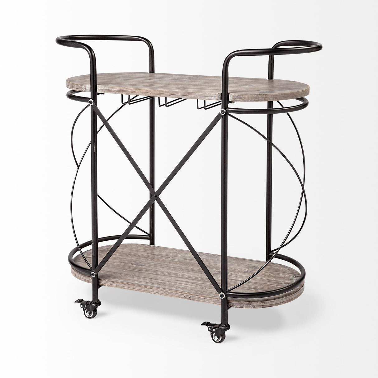 Mercana Marlon Black Metal Frame Two Tier Shelves w/Stemware holder Bar Cart