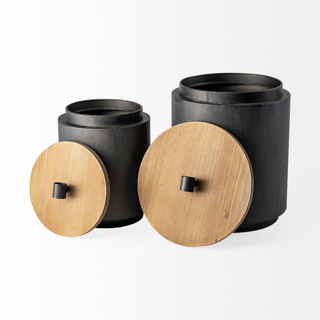 Mercana Cyril (Set of 2) Gray Metal W/ Brown Wood Lids Jars