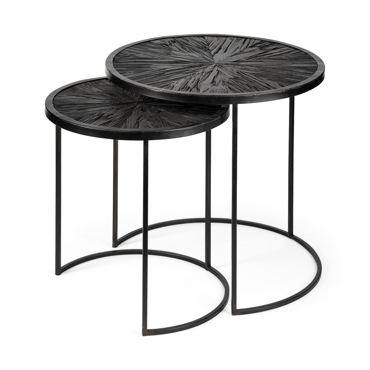 Mercana Chakra 19.7" Set of Two Round Dark Wood Top Black Frame Accent Tables