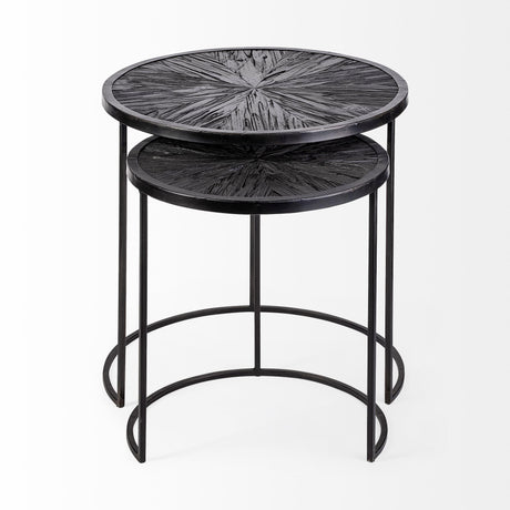 Mercana Chakra 19.7" Set of Two Round Dark Wood Top Black Frame Accent Tables