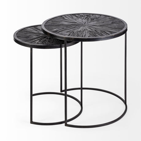 Mercana Chakra 19.7" Set of Two Round Dark Wood Top Black Frame Accent Tables