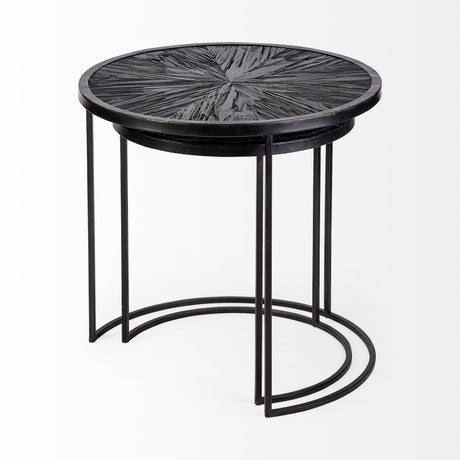 Mercana Chakra 19.7" Set of Two Round Dark Wood Top Black Frame Accent Tables