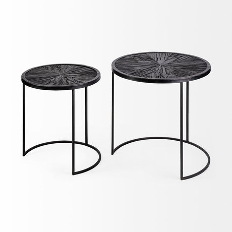 Mercana Chakra 19.7" Set of Two Round Dark Wood Top Black Frame Accent Tables