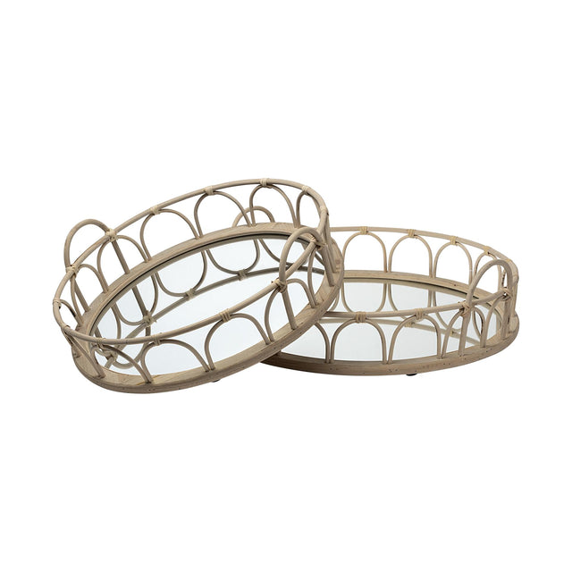 Mercana Leona (Set of 2) Natural Wicker Woven Mirrored Base Nesting Trays