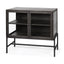 Mercana Arelius 36L x 18W Black-Brown Wood, Black Metal Base w/ 2 Glass Doors Accent Cabinet