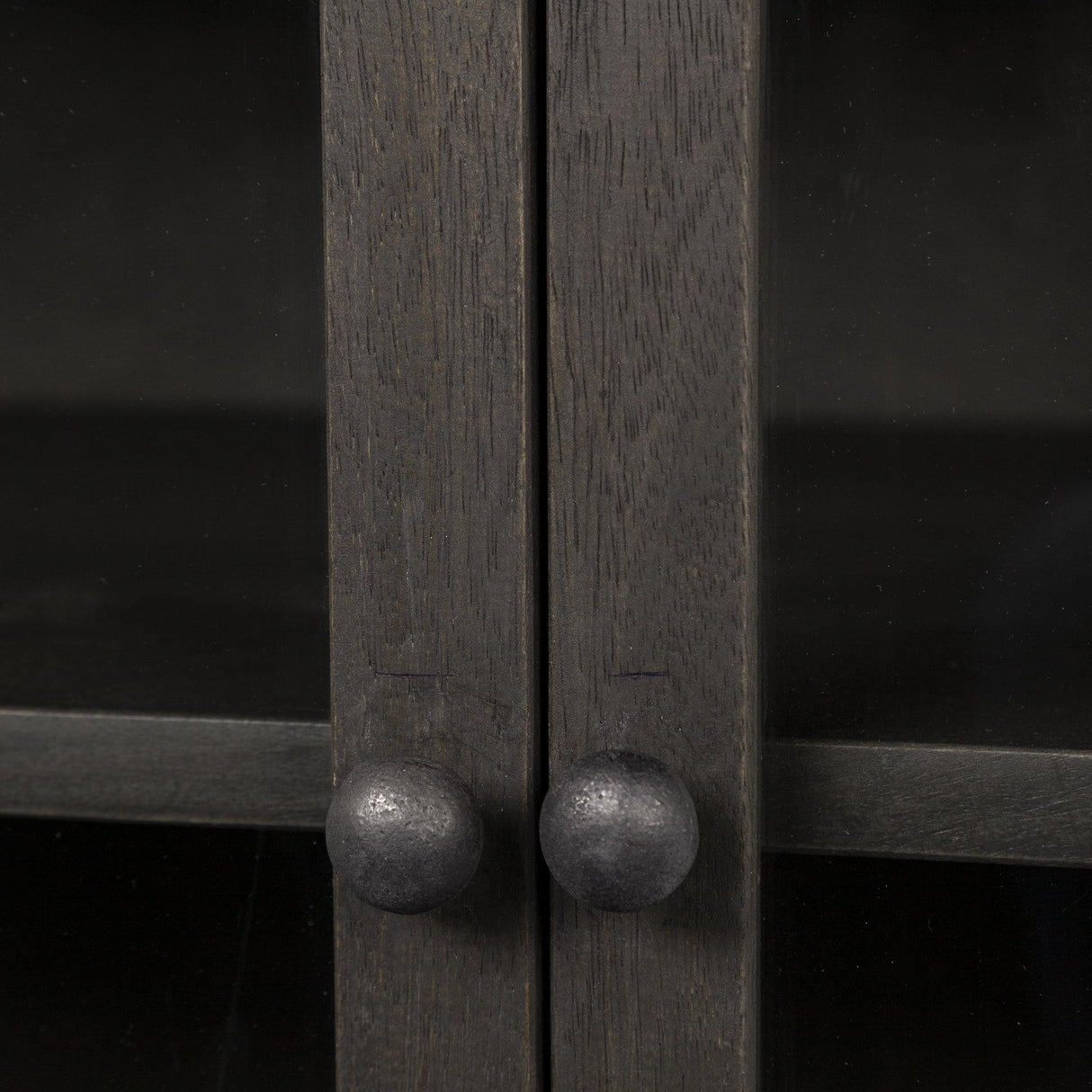Mercana Arelius 36L x 18W Black-Brown Wood, Black Metal Base w/ 2 Glass Doors Accent Cabinet