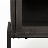 Mercana Arelius 36L x 18W Black-Brown Wood, Black Metal Base w/ 2 Glass Doors Accent Cabinet