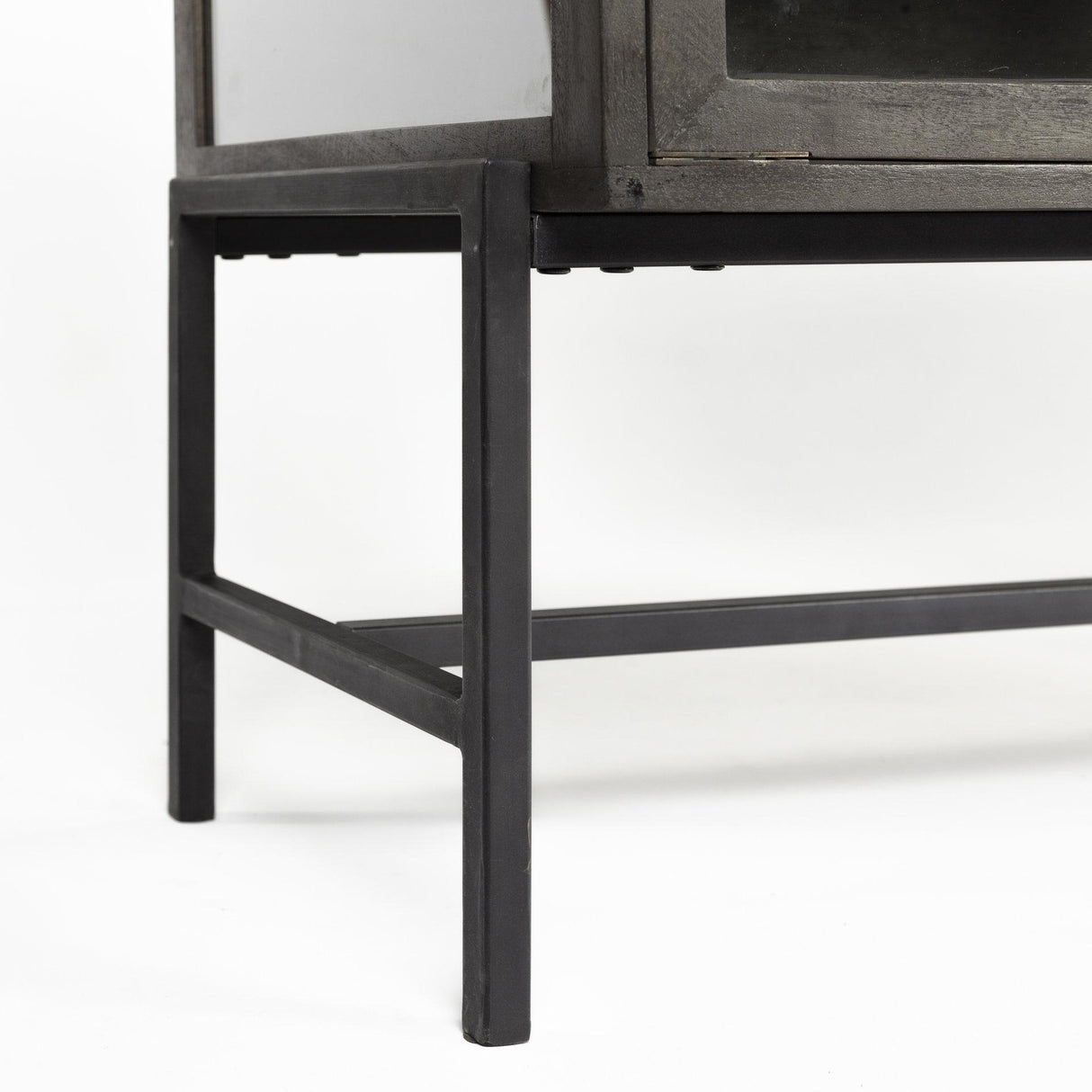 Mercana Arelius 36L x 18W Black-Brown Wood, Black Metal Base w/ 2 Glass Doors Accent Cabinet