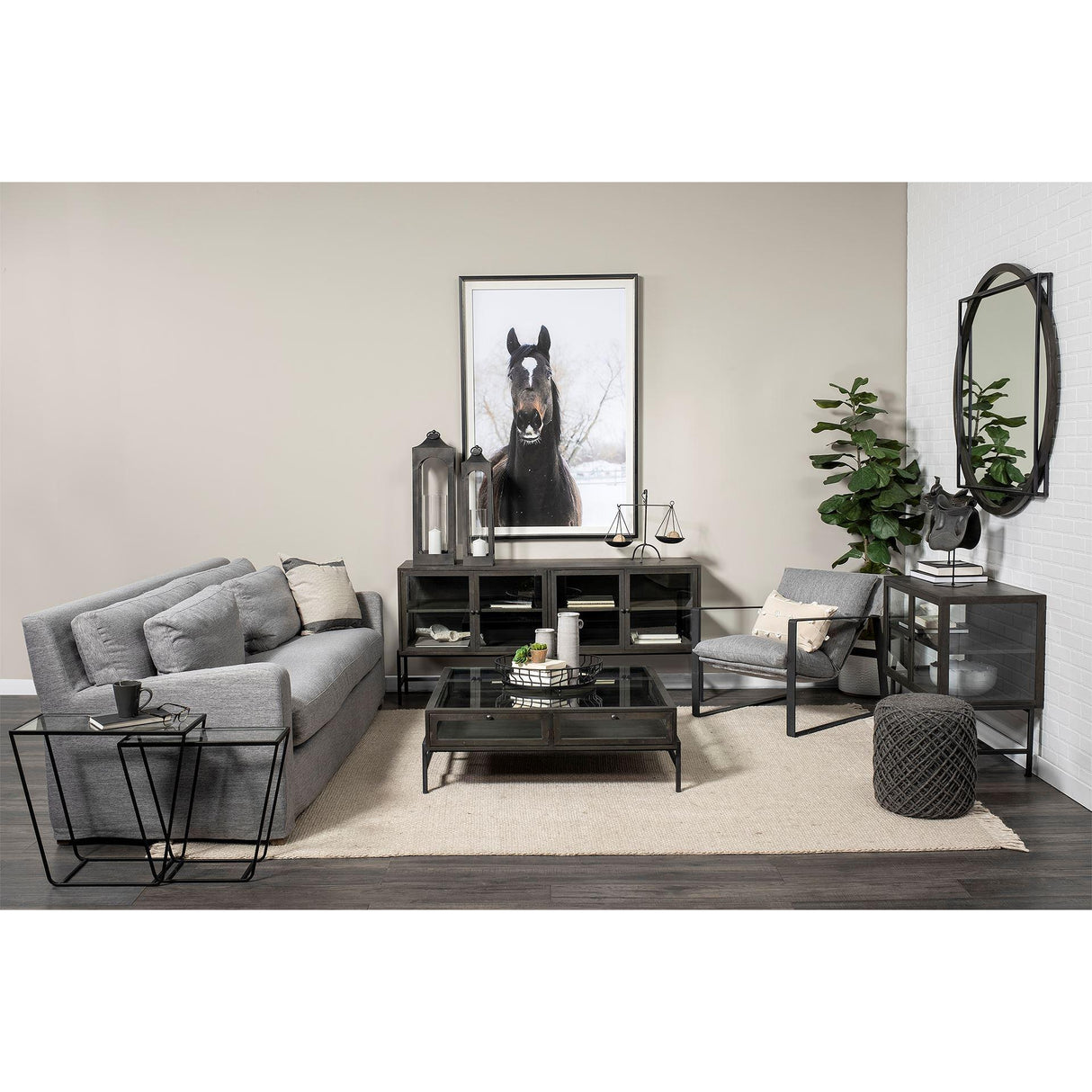 Mercana Arelius 36L x 18W Black-Brown Wood, Black Metal Base w/ 2 Glass Doors Accent Cabinet