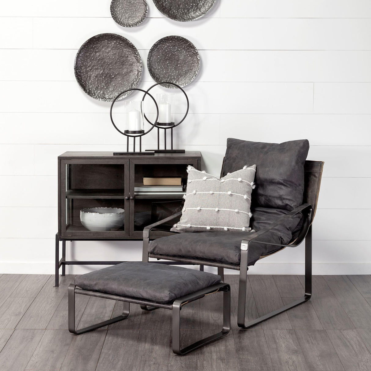 Mercana Arelius 36L x 18W Black-Brown Wood, Black Metal Base w/ 2 Glass Doors Accent Cabinet