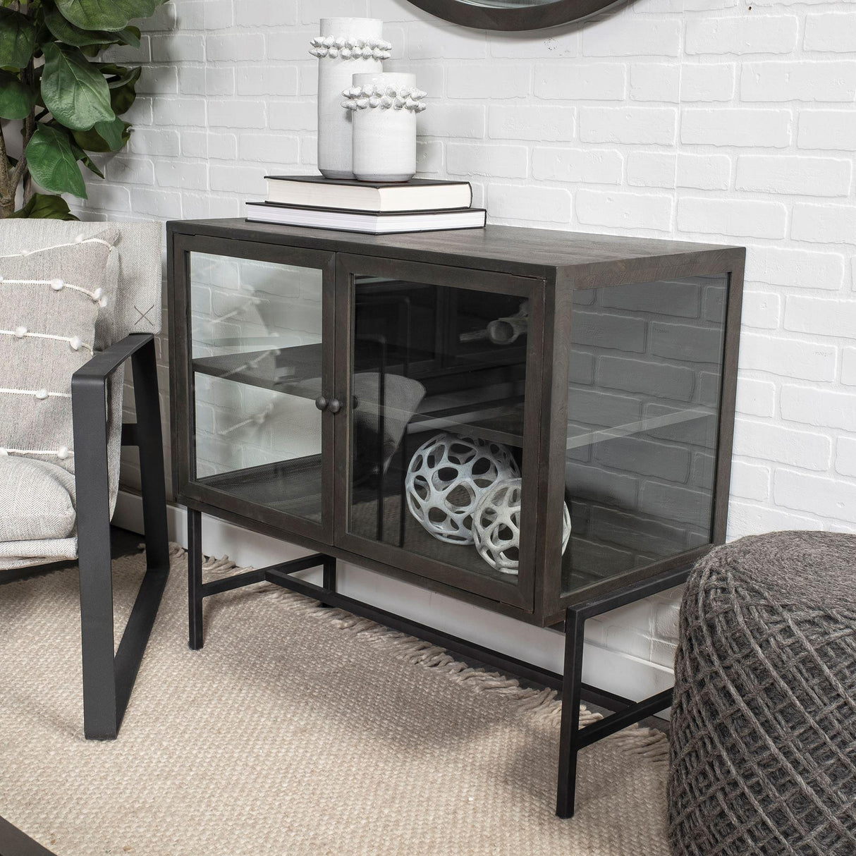 Mercana Arelius 36L x 18W Black-Brown Wood, Black Metal Base w/ 2 Glass Doors Accent Cabinet