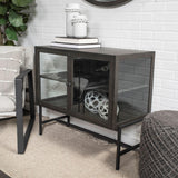 Mercana Arelius 36L x 18W Black-Brown Wood, Black Metal Base w/ 2 Glass Doors Accent Cabinet