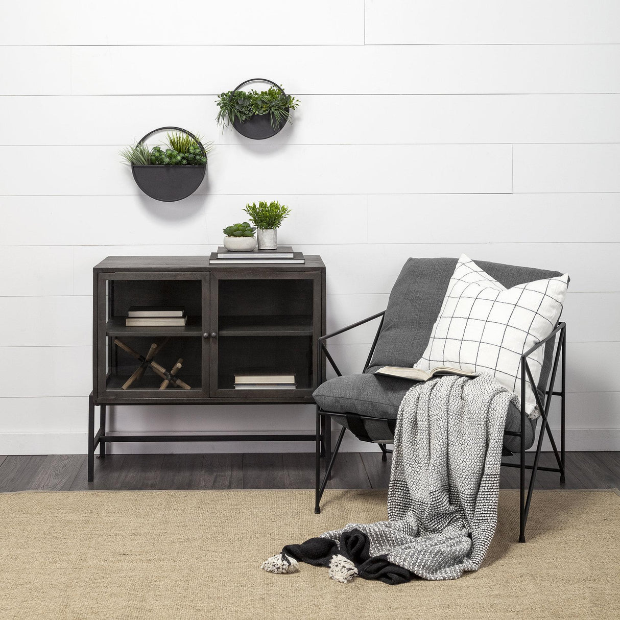 Mercana Arelius 36L x 18W Black-Brown Wood, Black Metal Base w/ 2 Glass Doors Accent Cabinet