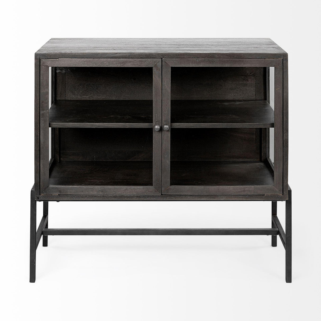 Mercana Arelius 36L x 18W Black-Brown Wood, Black Metal Base w/ 2 Glass Doors Accent Cabinet