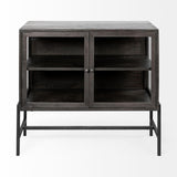 Mercana Arelius 36L x 18W Black-Brown Wood, Black Metal Base w/ 2 Glass Doors Accent Cabinet