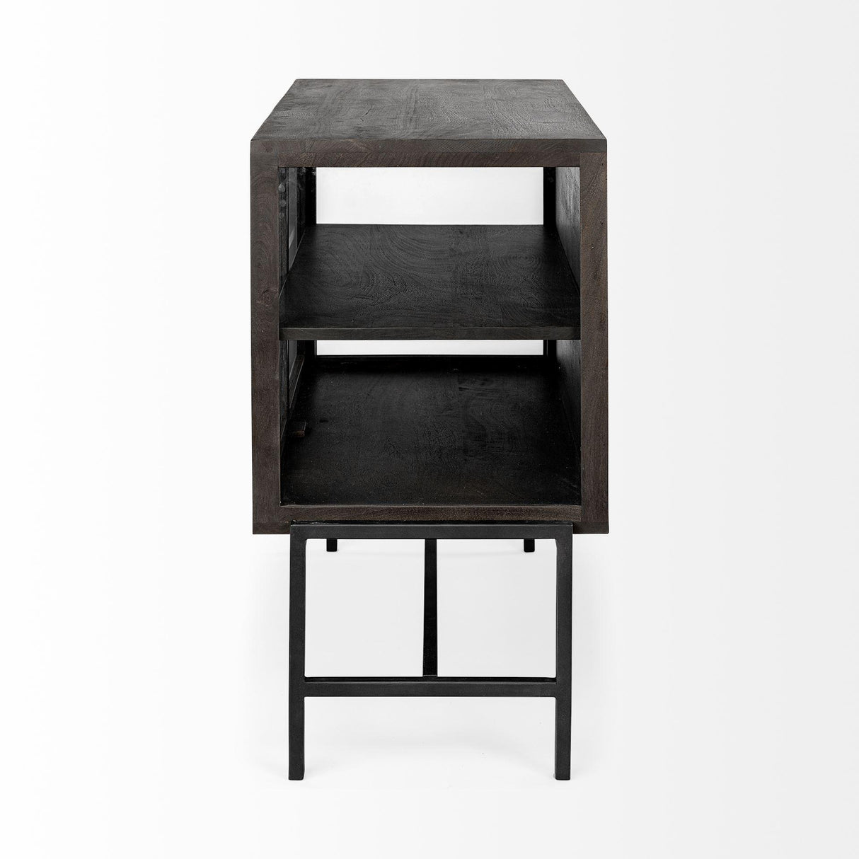 Mercana Arelius 36L x 18W Black-Brown Wood, Black Metal Base w/ 2 Glass Doors Accent Cabinet