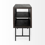 Mercana Arelius 36L x 18W Black-Brown Wood, Black Metal Base w/ 2 Glass Doors Accent Cabinet
