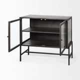 Mercana Arelius 36L x 18W Black-Brown Wood, Black Metal Base w/ 2 Glass Doors Accent Cabinet