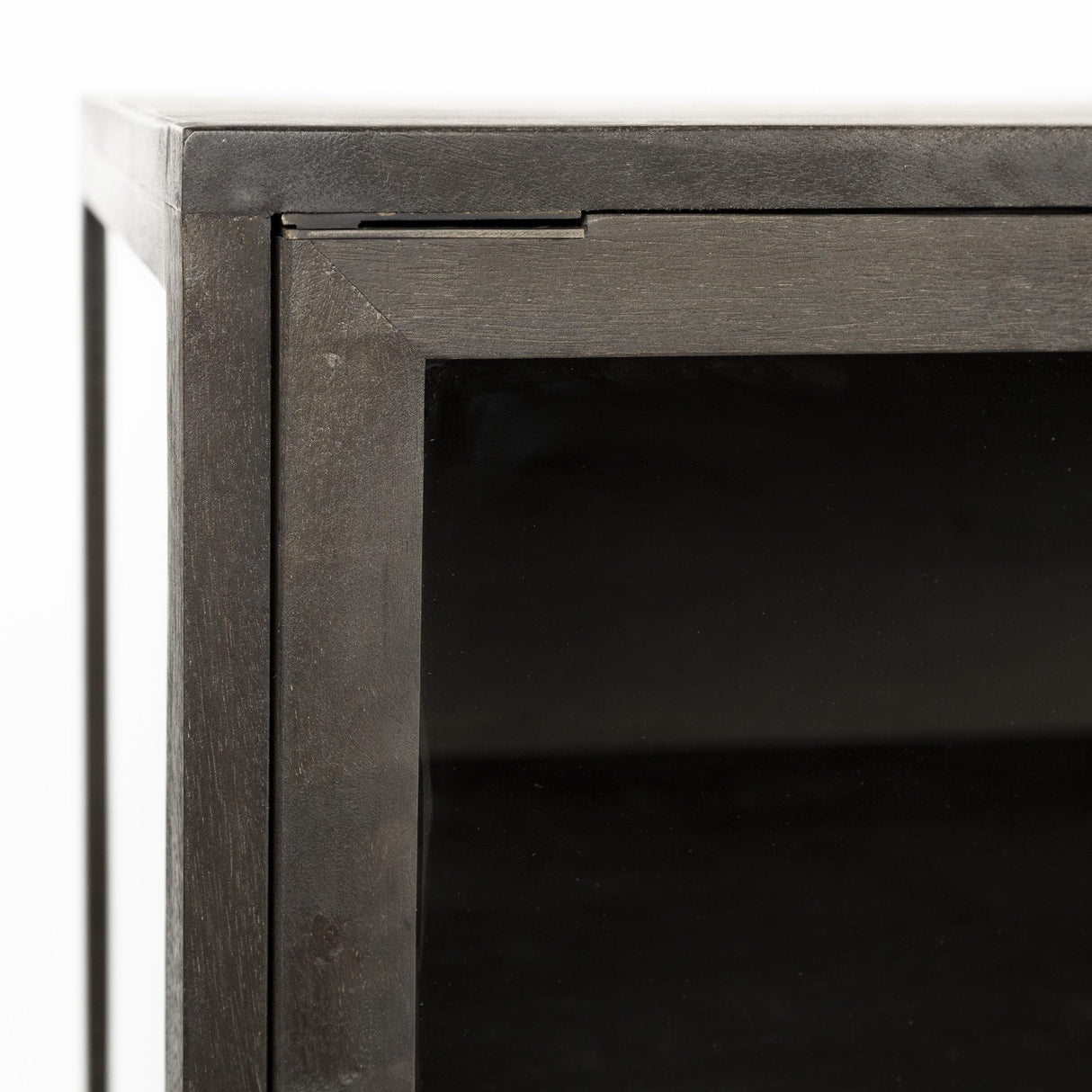 Mercana Arelius 36L x 18W Black-Brown Wood, Black Metal Base w/ 2 Glass Doors Accent Cabinet