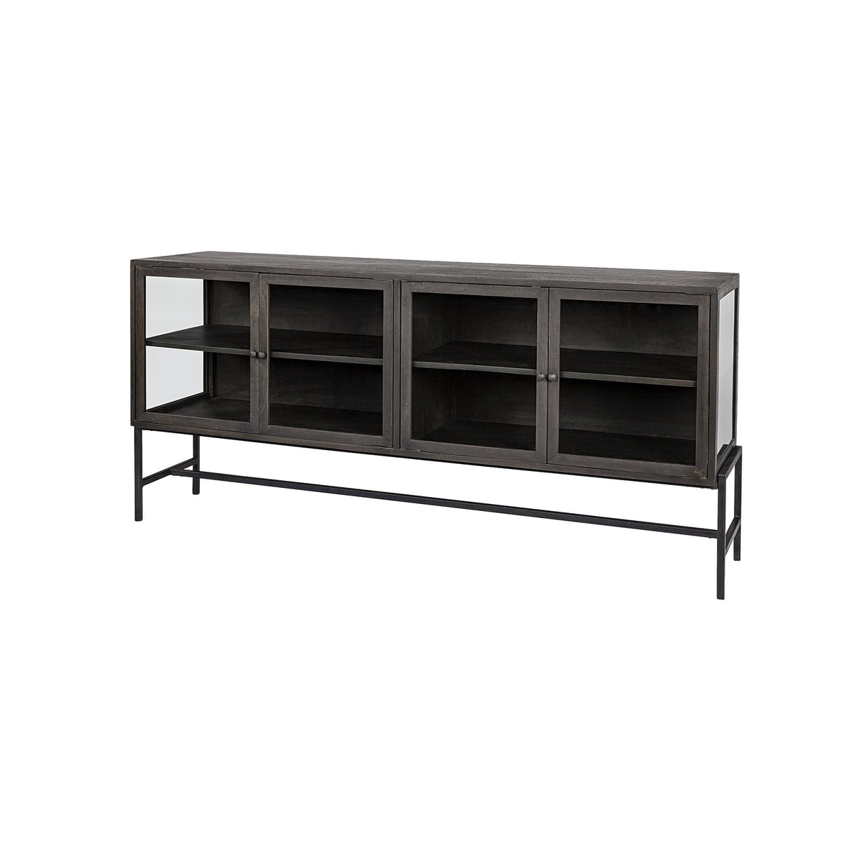 Mercana Arelius 70x18 Black-Brown Wood, Black Metal Base w/ 4 Glass Cabinet Doors Sideboard
