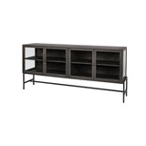 Mercana Arelius 70x18 Black-Brown Wood, Black Metal Base w/ 4 Glass Cabinet Doors Sideboard