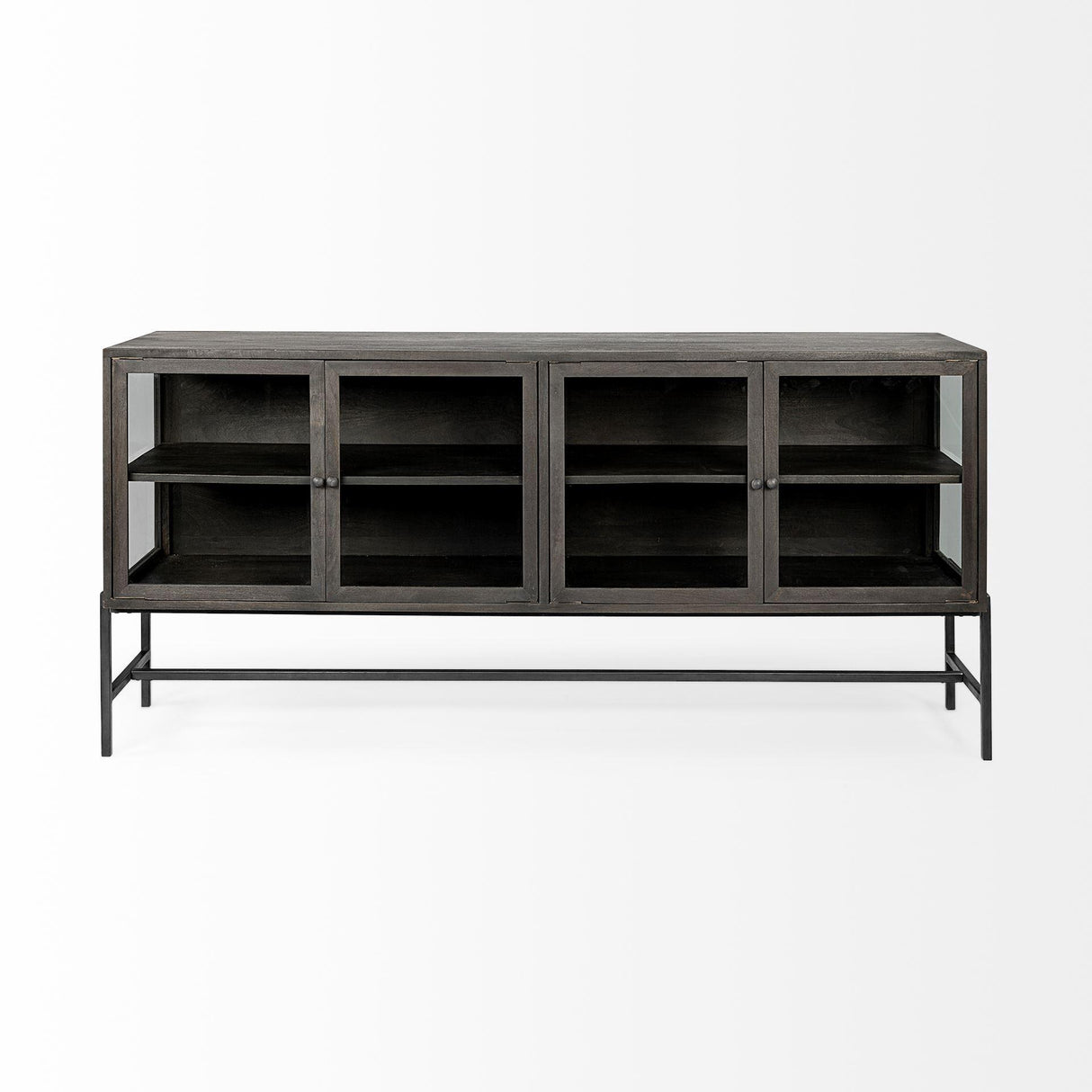 Mercana Arelius 70x18 Black-Brown Wood, Black Metal Base w/ 4 Glass Cabinet Doors Sideboard